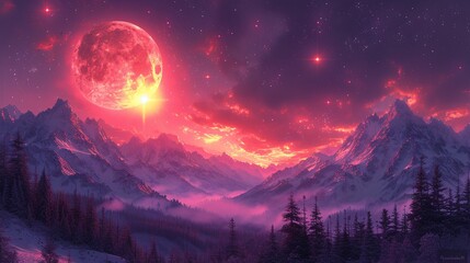 Pink Moon Rising Over the Mountains: A Stunning View of the Super Blood Wolf Moon Generative AI - obrazy, fototapety, plakaty