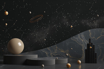 A luxury product stand merges with an abstract astrological design and celestial motifs.
