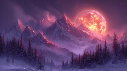Snowy Mountain Scenery with a Full Moon Rising Generative AI