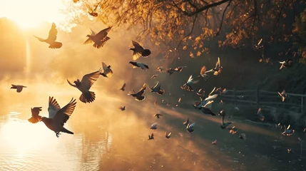 Fotobehang Combine a serene meditation session with the graceful flight of a flock of doves, evoking a sense of inner peace and freedom © colorful imagination