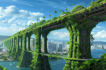 A breathtaking vision of a future where technology and ecology intertwine seamlessly showcased as a unique cutting edge illustration - obrazy, fototapety, plakaty