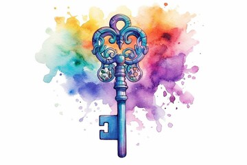 Colorful heart-shaped key depicted in watercolor cartoon style. Generative AI