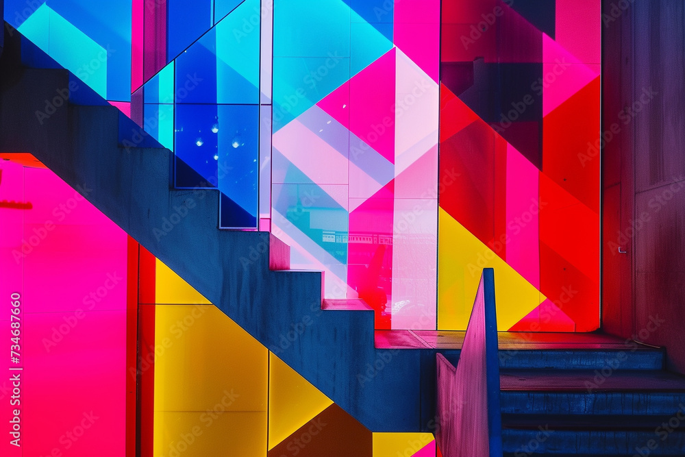 Poster a mesmerizing unique and minimal composition focusing on geometric shapes contrasted by striking neo