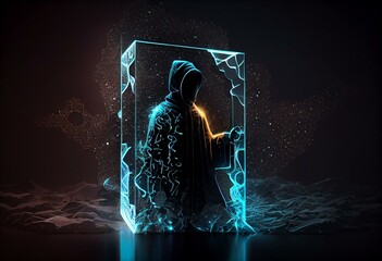 Creative glowing metaverse hologram on dark backdrop. Digital world and future concept. 3D Rendering. Generative AI