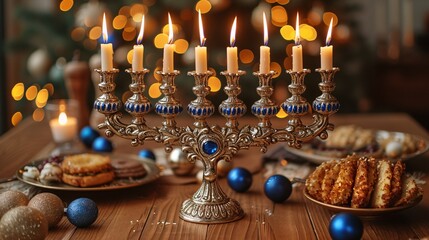 Fototapeta na wymiar Holiday Haven: A Festive Hanukkah Table Setting Generative AI