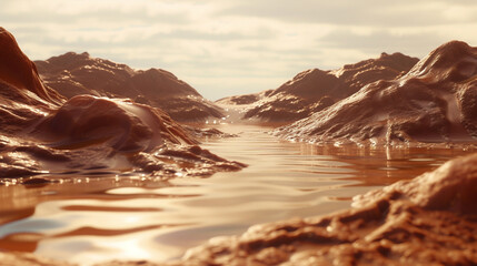 A unique landscape where the shifting desert dunes slowly change into flowing rivers of chocolate dessert - obrazy, fototapety, plakaty