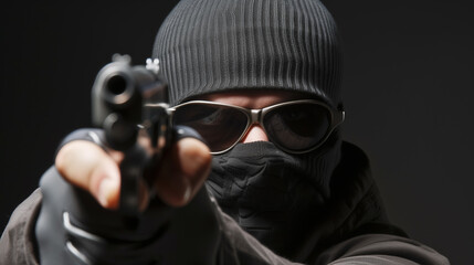 Masked person aiming a gun with intent.