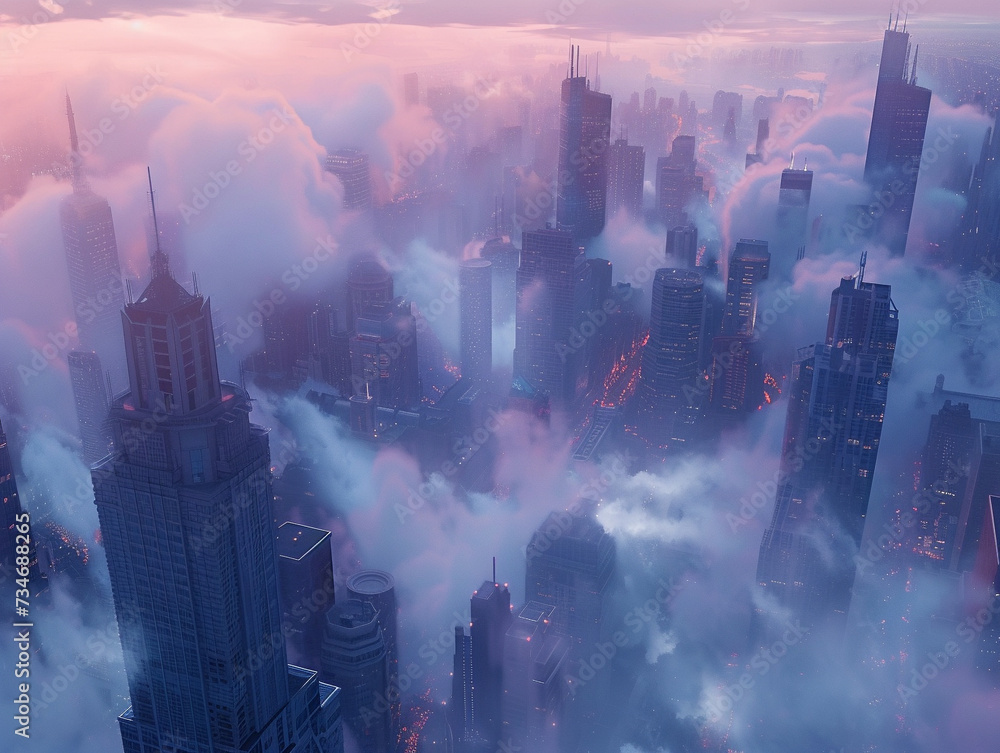 Poster an atmospheric display of clouds nestling amidst the towering buildings of a bustling metropolis rea