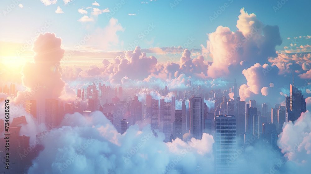 Poster an enchanting spectacle of clouds dancing across the skyline of a metropolis brought to life in a 3d