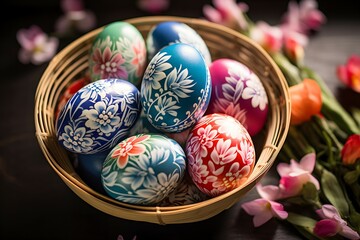 Fototapeta premium A arrangement of hand-painted eggs with intricate designs and patterns nestled within a bowl against a dark, moody background