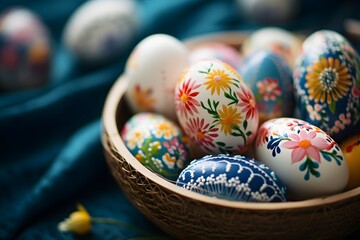 Fototapeta premium A arrangement of hand-painted eggs with intricate designs and patterns nestled within a bowl against a dark, moody background