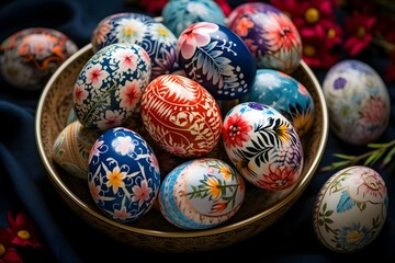 Fototapeta na wymiar A arrangement of hand-painted eggs with intricate designs and patterns nestled within a bowl against a dark, moody background