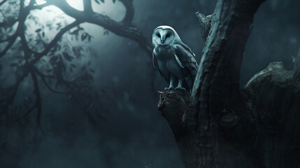Design a unique realistic 3D rendition of an owl perched on a gnarled gothic tree against a backdrop of a dark moody forest lit only by ethereal moonlight - obrazy, fototapety, plakaty
