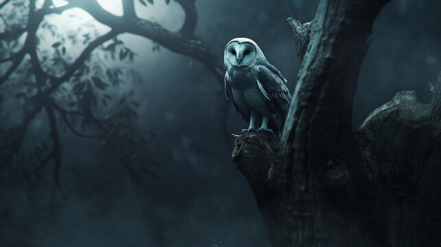 Design a unique realistic 3D rendition of an owl perched on a gnarled gothic tree against a backdrop of a dark moody forest lit only by ethereal moonlight