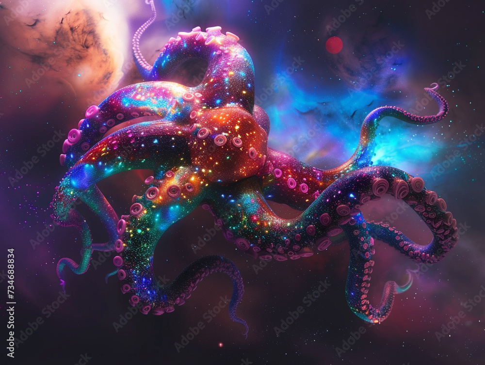 Poster illustrate a unique 3d render of a striking galaxy embraced with colorful tentacles ideal to be used