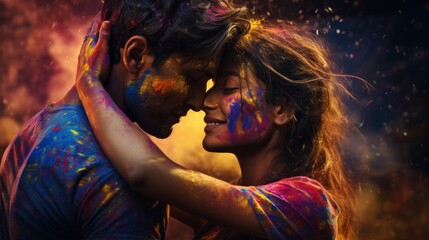 Young boy and girl in Holi colors. Lovers gently hug and kiss each other