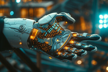 Hand wearing a high tech futuristic glove embedded with advanced technology