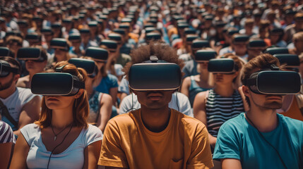 Many people with VR goggles sitting on bleachers of a sports stadium or concert arena.  Diverse...
