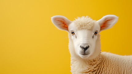 Funny face white sheep isolated on pastel yellow background.