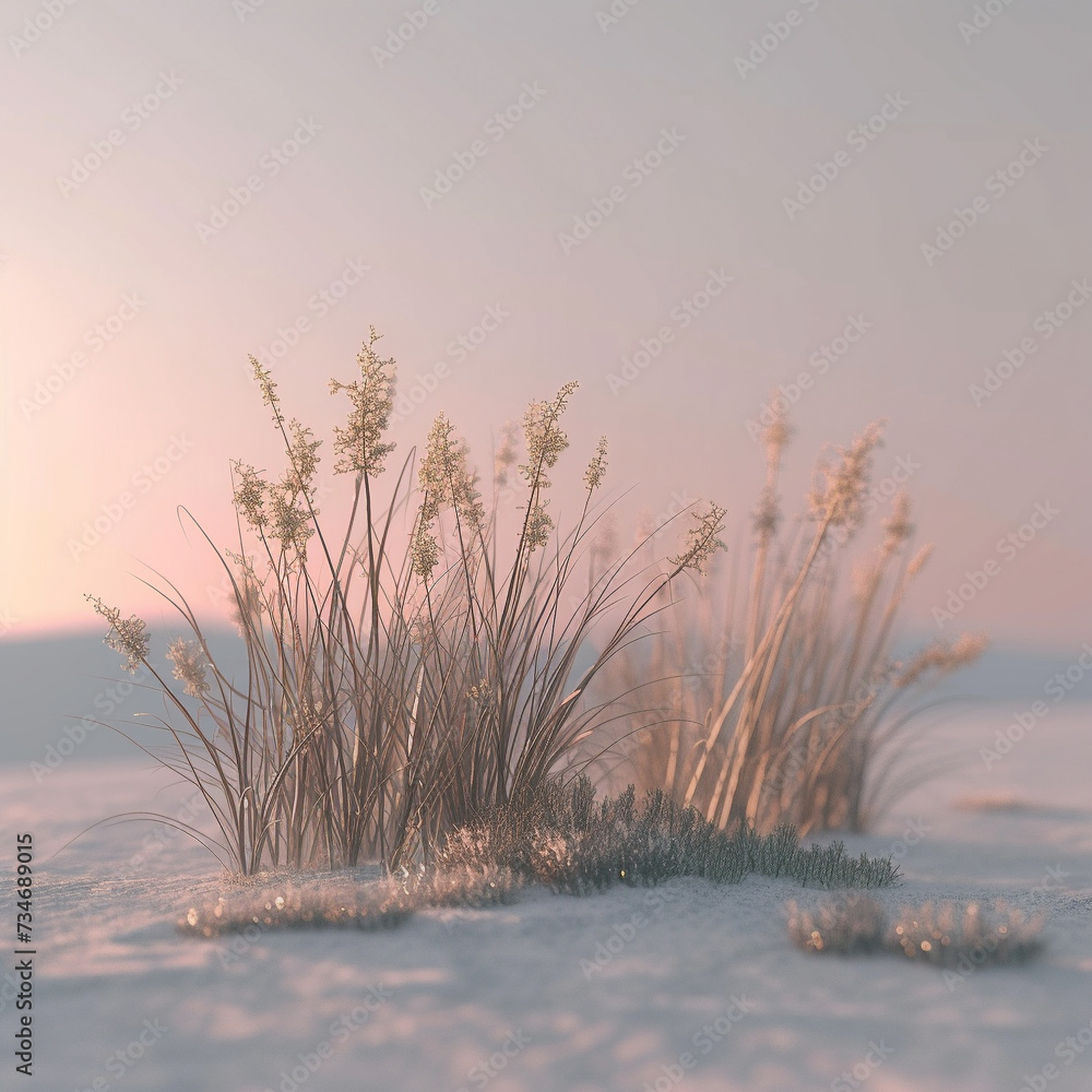 Poster Minimalistic landscape with sparse vegetation under a muted sunset rendered in 3D