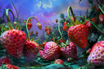 Immersive backdrop featuring an alien landscape dominated by surreal oversized mutant strawberries - obrazy, fototapety, plakaty