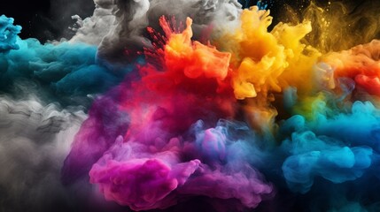 Colorful powder explosion on black background. Abstract pastel color dust particles splash
