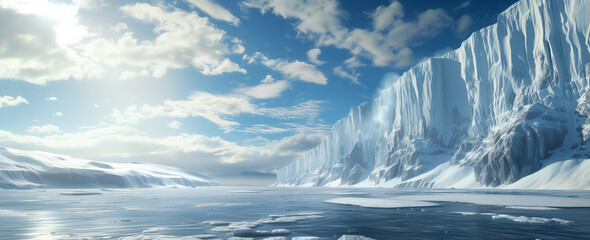 Majestic ice cliffs under a bright arctic sky.