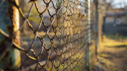 Rusty chain-link fence in soft morning light.