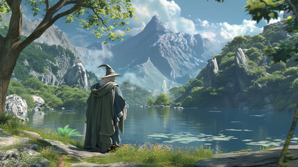 Scenery filled with powerful wizard in a state of serenity against a tranquil magical lake executed as a detailed scenic backdrop - obrazy, fototapety, plakaty