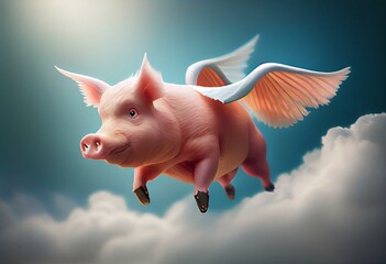 When pigs fly concept. Cute little piggy with wings flying through the air. 3d rendering. Generative AI