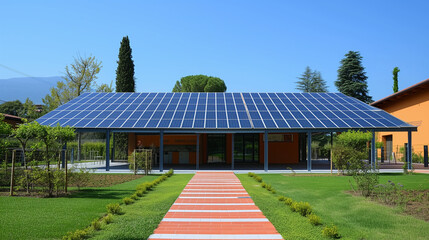 Solar panel innovation. Large array of panels covering the patio of a medium sized house. - obrazy, fototapety, plakaty