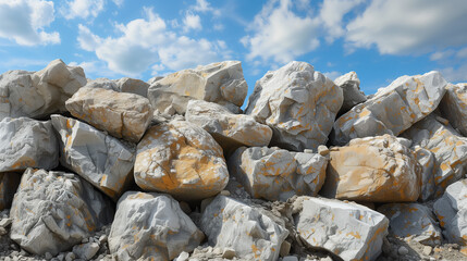 Pile of large white rocks under blue sky.