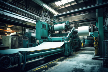 Factory for the production of paper and cardboard. Production equipment for paper production. Big machine. The machine makes paper.