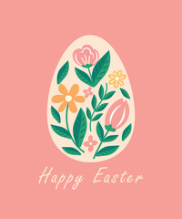 Easter card with Easter egg with beautiful floral patterns. Easter egg with floral ornament and the inscription Happy Easter. Hand drawn vector illustration