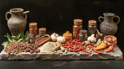 Assorted Food Spread on Table, Delicious Variety of Flavors and Spices