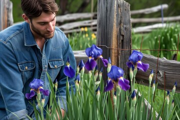 male in denim with irises at a rustic wooden fence © altitudevisual