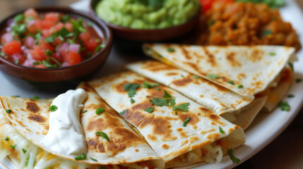 Chicken and cheese quesadilla on a plate with salsa and guacamole for dip.
