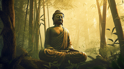 Hindu ancient religious buddha statue in dense tropical forest jungle. - obrazy, fototapety, plakaty