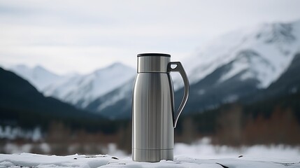 Vacuum flask in winter mountains with free space for text, thermo cup for hot drinks - obrazy, fototapety, plakaty