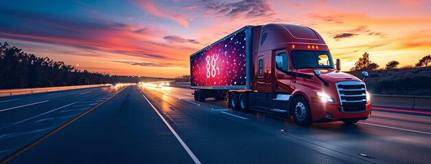888: A Red Truck with a Digital Billboard on the Highway Generative AI - obrazy, fototapety, plakaty
