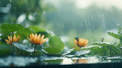 Exquisite water lily blossoming in gentle rain, serene nature background with copyspace