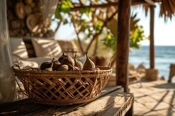 A woven basket overflowing with dried figs, nestled on a wicker table in a breezy beachside villa