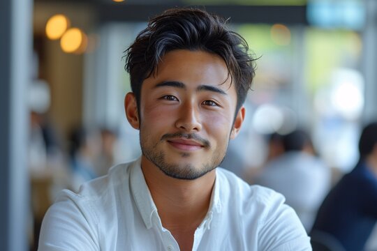Smiling Man with Short Hair and Beard, Wearing White Shirt and Jeans Generative AI