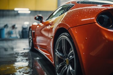 Obraz na płótnie Canvas Car Spa Close-up of Sportscar Getting a Wash