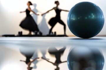 pilates ball in foreground, dancers reflection in background