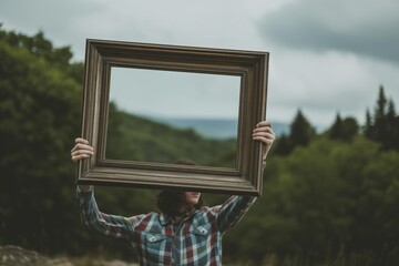 person carrying a big empty frame outdoors