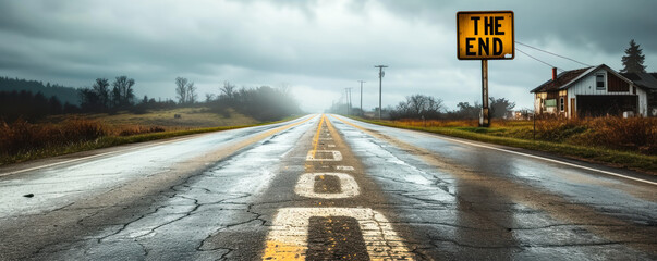 The words THE END dramatically emblazoned across a desolate highway stretching towards the horizon under an overcast sky