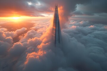 Rising Skyscrapers in the Clouds: A Stunning View of the Sunset Skyline Generative AI