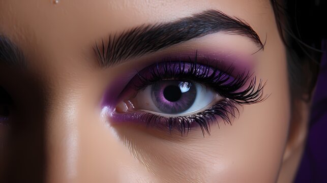 A top view of a model with expressive eyes against a solid purple background, evoking a sense of mystery and allure