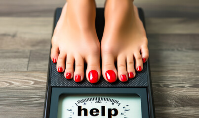 Desperate plea for help on weight scale display under feet with red nail polish, symbolizing weight management struggles and call for assistance